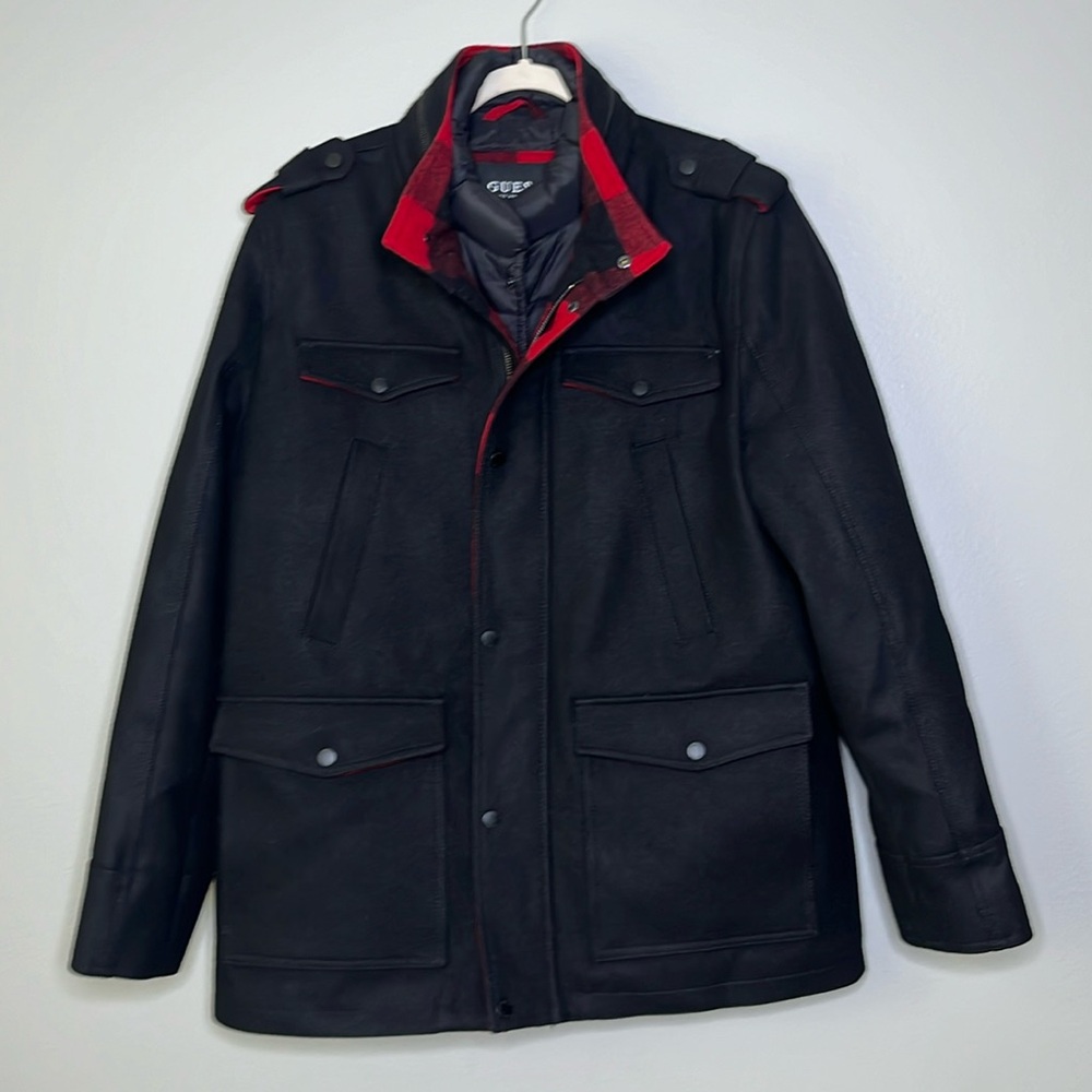 Guess Military Inspired Coat with Red Plaid Detail / SZ XL